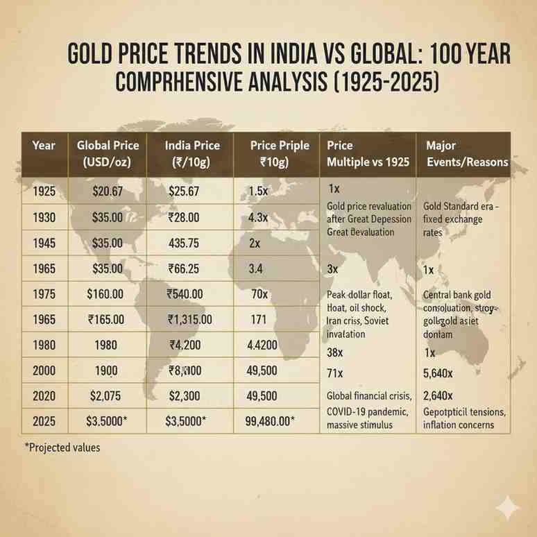 Gold price trends in India vs Global – 100-year table (1925–2025)