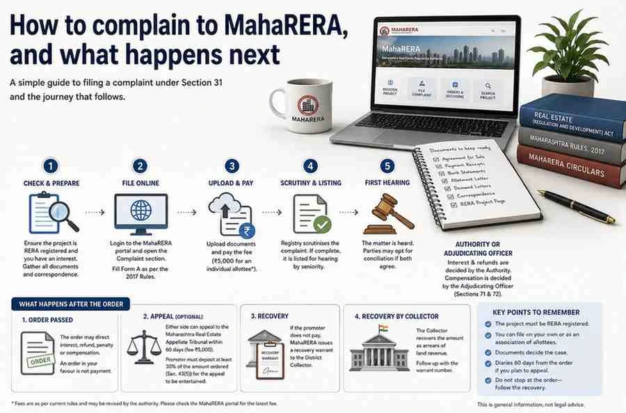 The route a MahaRERA complaint takes. A complaint under section 31 is filed online in Form A against a registered project for five thousand rupees. It is scrutinised by the registry, then listed for hearing by seniority. At the first hearing it can go to the conciliation forum if both sides agree, or on to a hearing on merits before the Authority, or before an Adjudicating Officer under section 71 where compensation is claimed. Either side may appeal to the Maharashtra Real Estate Appellate Tribunal within sixty days, and a promoter appealing must deposit part of the money first. An unpaid order is recovered through the District Collector as arrears of land revenue.