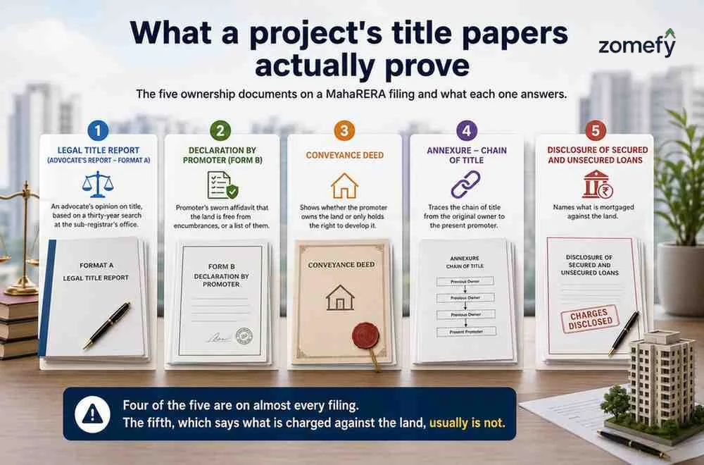 The five ownership documents on a MahaRERA filing and what each one answers. The legal title report is an advocate's opinion in Format A, based on a thirty-year search at the sub-registrar's office. Form B is the promoter's sworn affidavit that the land is free from encumbrances, or a list of them. The conveyance deed shows whether the promoter owns the land or only holds the right to develop it. The annexure traces the chain of title. The disclosure of secured and unsecured loans names what is mortgaged, and it is the one most often absent.