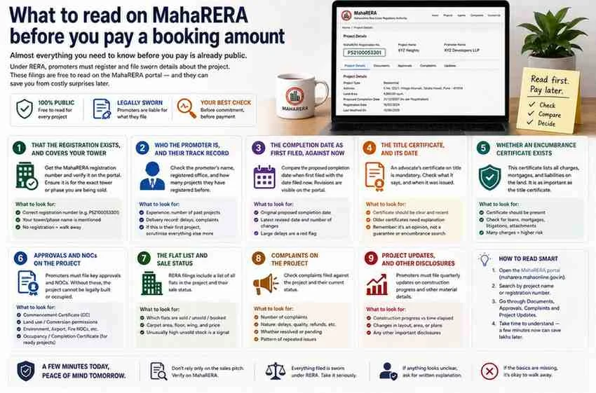 An overview of what a MahaRERA filing holds, in nine panels. First, that the registration exists and covers your tower. Second, who the promoter is and their track record. Third, the completion date as first filed against the date filed now. Fourth, the title certificate and its date. Fifth, whether an encumbrance certificate exists. Sixth, the approvals and no-objection certificates on the project, including the commencement certificate, land use permissions, fire and airport clearances, and the occupancy certificate for ready projects. Seventh, the flat list and sale status, which carries the carpet area, floor and price of each unit alongside whether it is sold. Eighth, complaints filed against the project. Ninth, the quarterly updates and other disclosures. Three banners across the top note that the register is free to read, that promoters are liable for what they file, and that this is the check to make before committing. Each of these is public and available before you pay any money.
